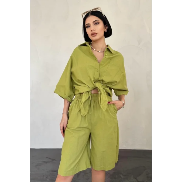 Yağ Yeşili Kısa Kollu Keten Gömlek Ve Şort Takım