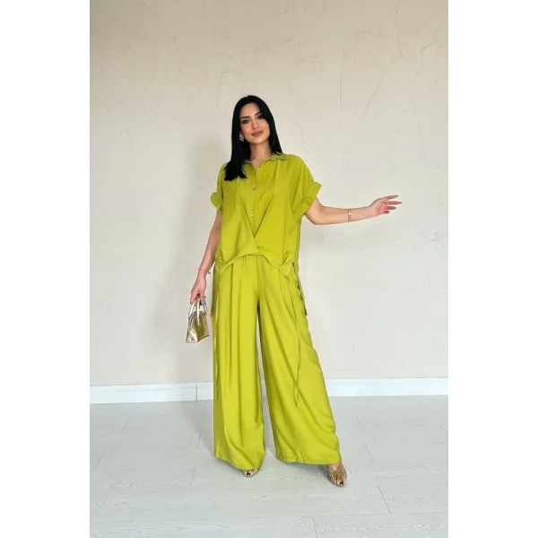 Yağ Yeşili Önü Pileli İkili Keten Takım