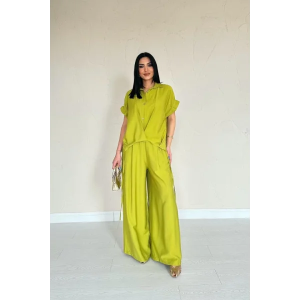 Yağ Yeşili Önü Pileli İkili Keten Takım