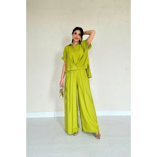 Yağ Yeşili Önü Pileli İkili Keten Takım