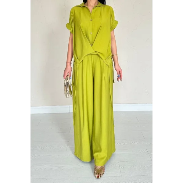 Yağ Yeşili Önü Pileli İkili Keten Takım