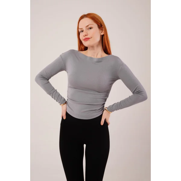 Yaka Detay Uzun Kollu Basic Gri Bluz