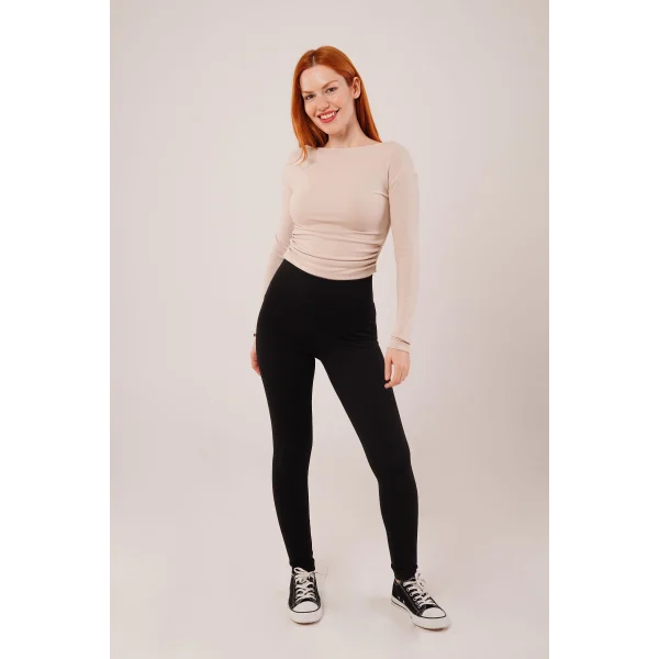 Yaka Detay Uzun Kollu Basic Krem Bluz