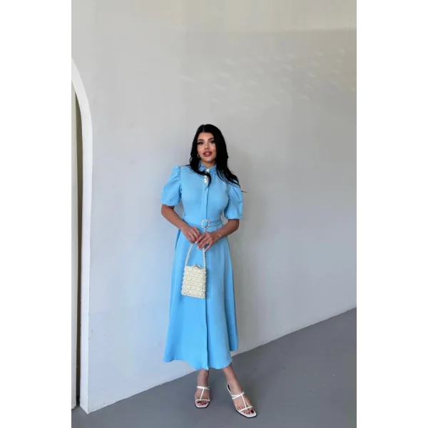 YAKA DÜĞME DETAYLI ELBİSE- Mavi