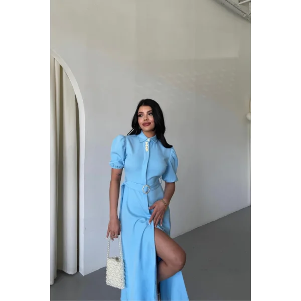 YAKA DÜĞME DETAYLI ELBİSE- Mavi