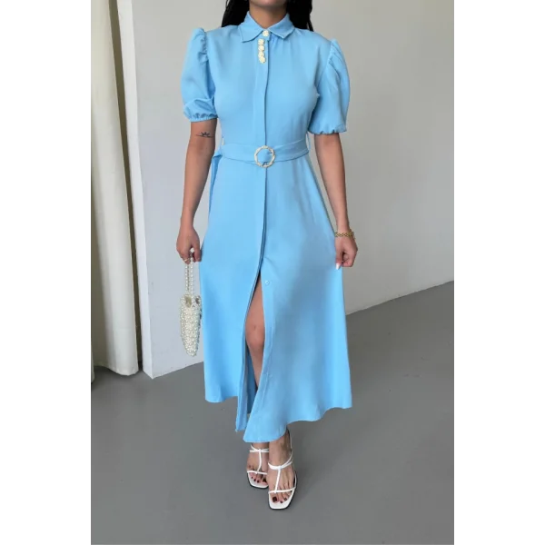 YAKA DÜĞME DETAYLI ELBİSE- Mavi