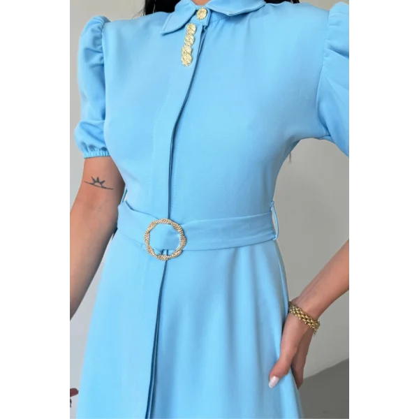 YAKA DÜĞME DETAYLI ELBİSE- Mavi