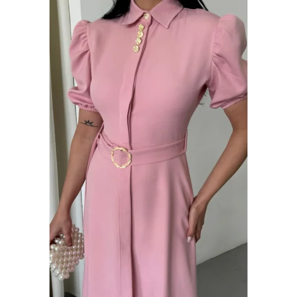 YAKA DÜĞME DETAYLI ELBİSE- Pembe