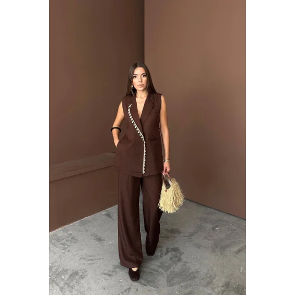 YAKA MİDYE KABUĞU SIRALI YELEK - PANTOLON  TAKIM KETEN KUMAŞ - Kahverengi