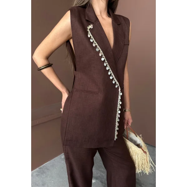 YAKA MİDYE KABUĞU SIRALI YELEK - PANTOLON  TAKIM KETEN KUMAŞ - Kahverengi