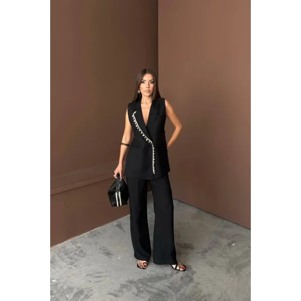 YAKA MİDYE KABUĞU SIRALI YELEK - PANTOLON  TAKIM KETEN KUMAŞ - Siyah