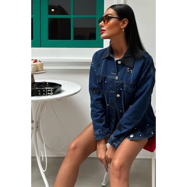 Yaka Siyah Garni Pul Payet Taşlı Oversize Denim Ceket 6125