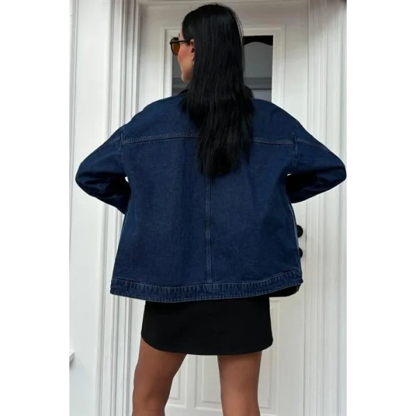 Yaka Siyah Garni Pul Payet Taşlı Oversize Denim Ceket 6125
