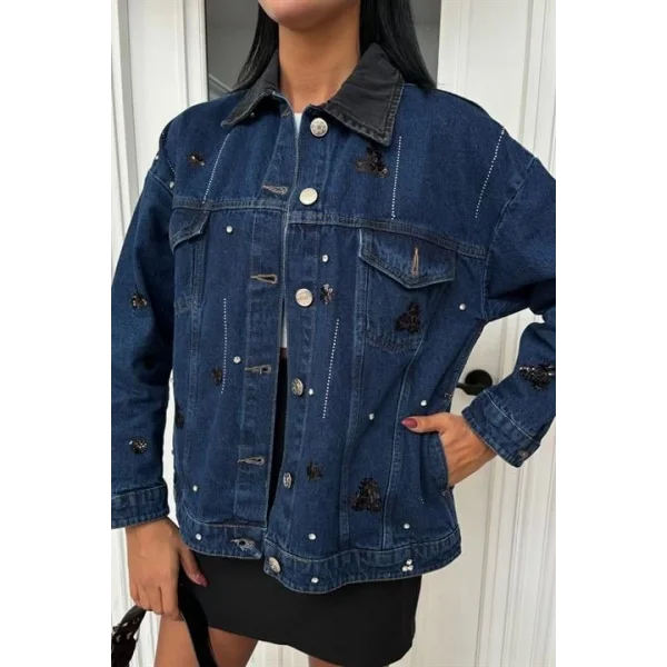 Yaka Siyah Garni Pul Payet Taşlı Oversize Denim Ceket 6125