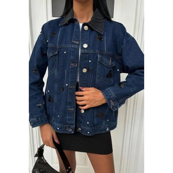 Yaka Siyah Garni Pul Payet Taşlı Oversize Denim Ceket 6125