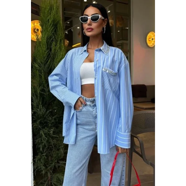 Yaka Ve Cebi Taşlı Çizgili Over Gömlek 3406
