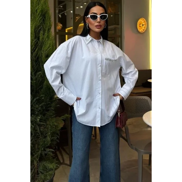 Yaka Ve Cebi Taşlı Çizgili Over Gömlek 3406