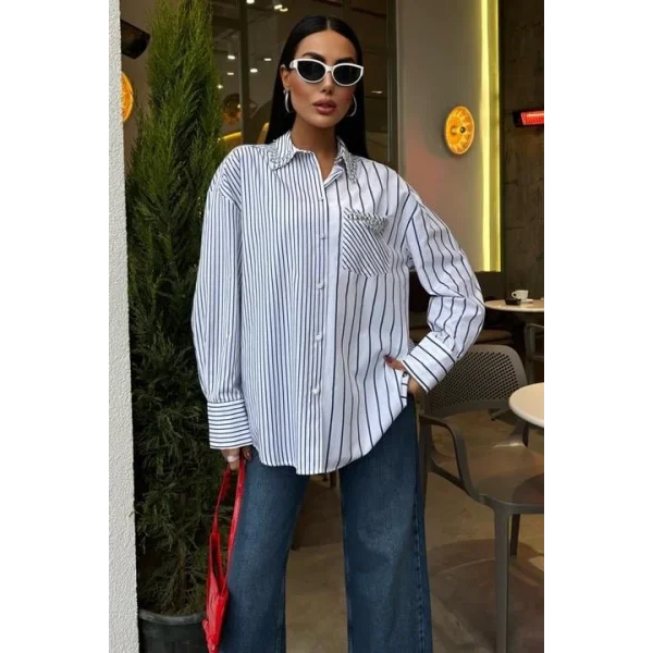 Yaka Ve Cebi Taşlı Çizgili Over Gömlek 3406