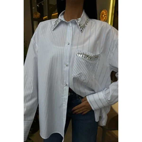 Yaka Ve Cebi Taşlı Çizgili Over Gömlek 3406