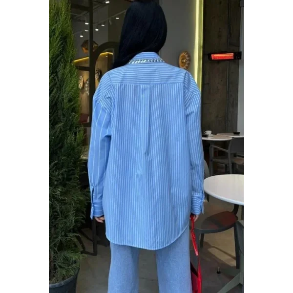 Yaka Ve Cebi Taşlı Çizgili Over Gömlek 3406
