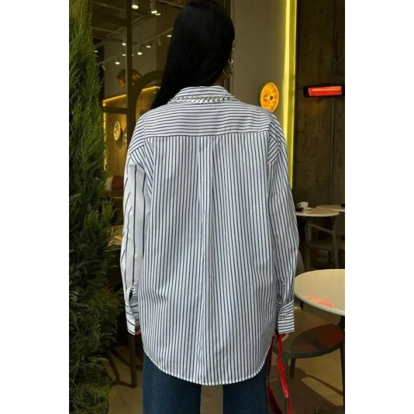 Yaka Ve Cebi Taşlı Çizgili Over Gömlek 3406