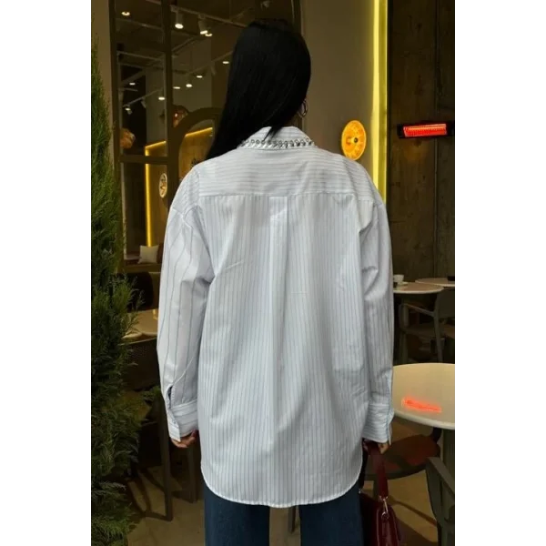 Yaka Ve Cebi Taşlı Çizgili Over Gömlek 3406