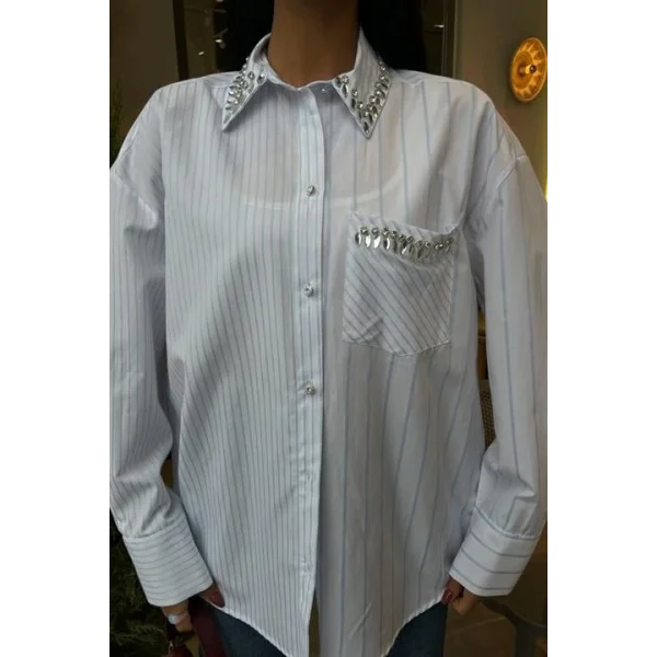 Yaka Ve Cebi Taşlı Çizgili Over Gömlek 3406