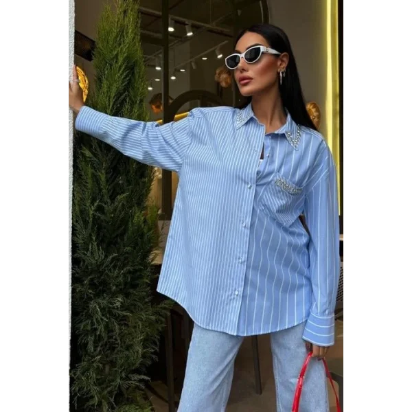 Yaka Ve Cebi Taşlı Çizgili Over Gömlek 3406