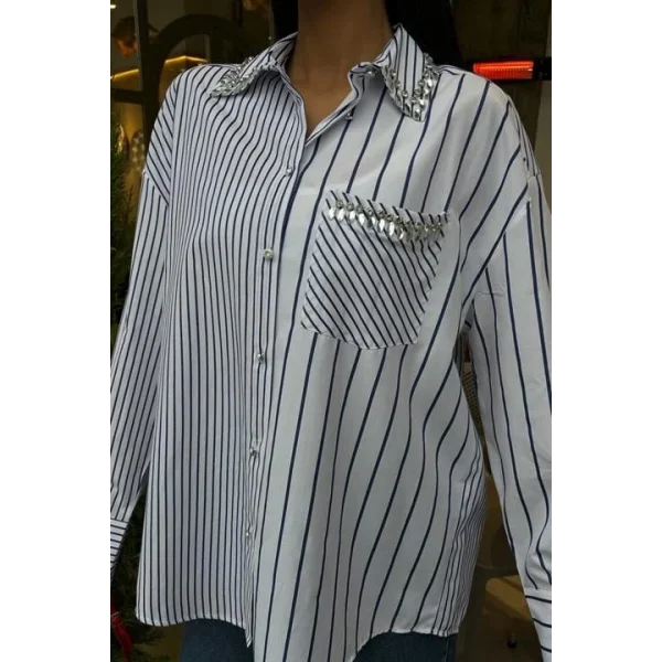 Yaka Ve Cebi Taşlı Çizgili Over Gömlek 3406