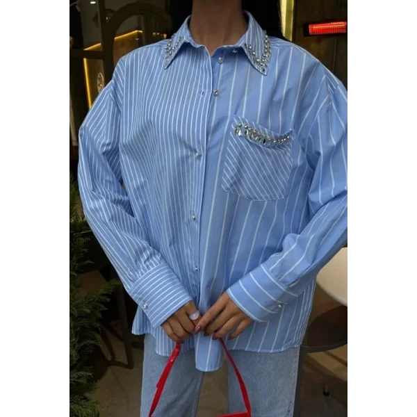 Yaka Ve Cebi Taşlı Çizgili Over Gömlek 3406