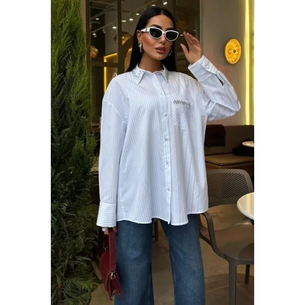 Yaka Ve Cebi Taşlı Çizgili Over Gömlek 3406