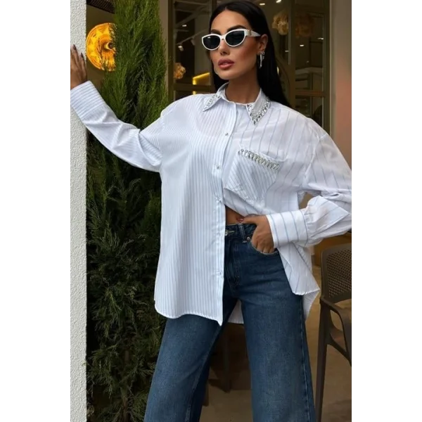 Yaka Ve Cebi Taşlı Çizgili Over Gömlek 3406