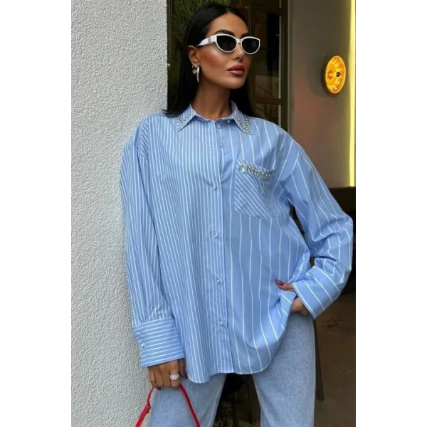 Yaka Ve Cebi Taşlı Çizgili Over Gömlek 3406