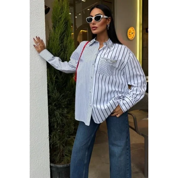 Yaka Ve Cebi Taşlı Çizgili Over Gömlek 3406