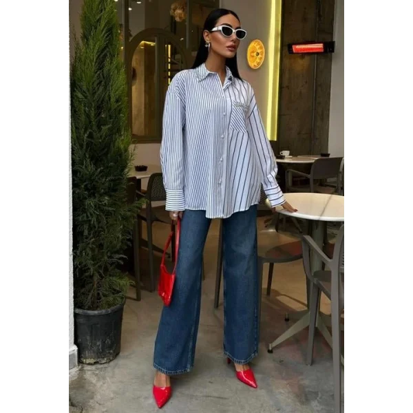 Yaka Ve Cebi Taşlı Çizgili Over Gömlek 3406