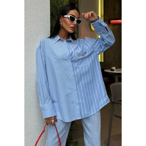 Yaka Ve Cebi Taşlı Çizgili Over Gömlek 3406