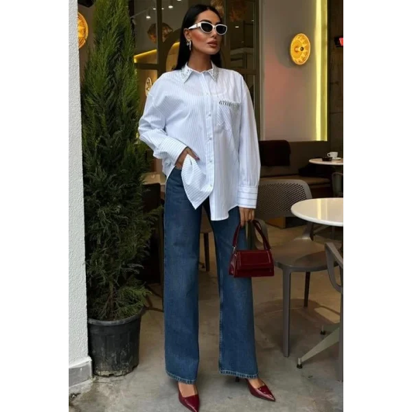 Yaka Ve Cebi Taşlı Çizgili Over Gömlek 3406