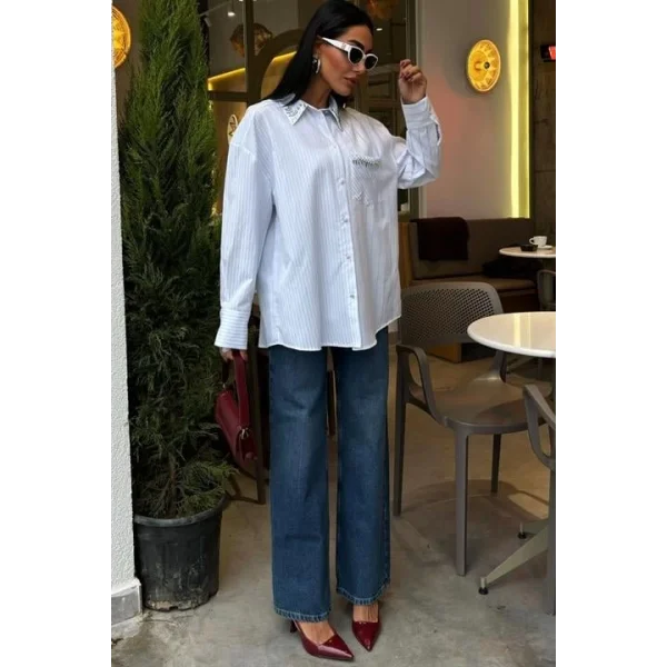 Yaka Ve Cebi Taşlı Çizgili Over Gömlek 3406