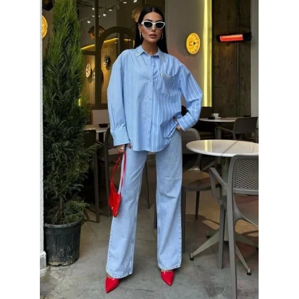 Yaka Ve Cebi Taşlı Çizgili Over Gömlek 3406