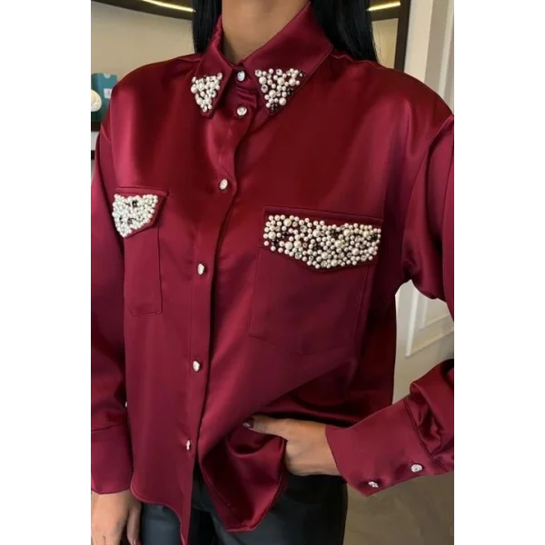 Yaka Ve Cep İnci Taşlı Saten Gömlek 3423