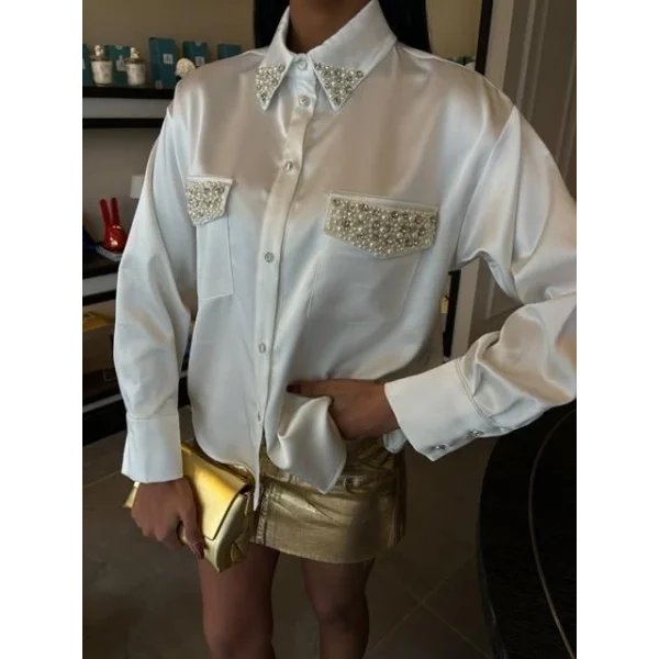 Yaka Ve Cep İnci Taşlı Saten Gömlek 3423
