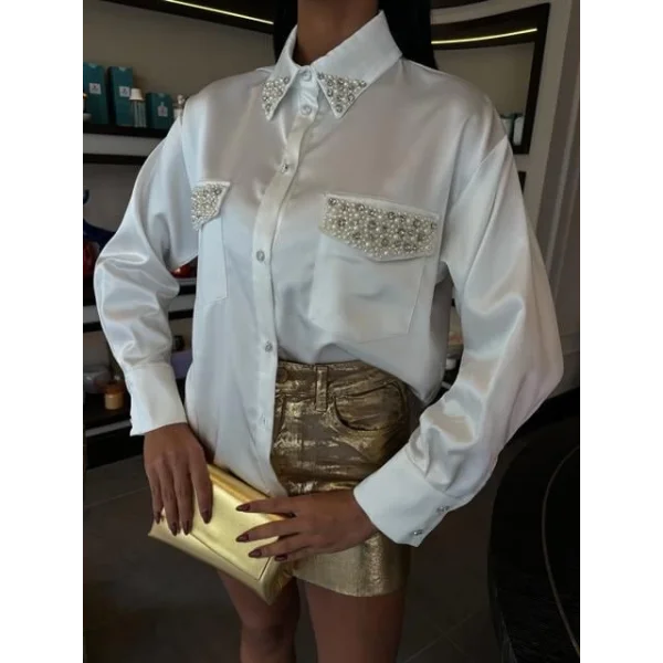 Yaka Ve Cep İnci Taşlı Saten Gömlek 3423