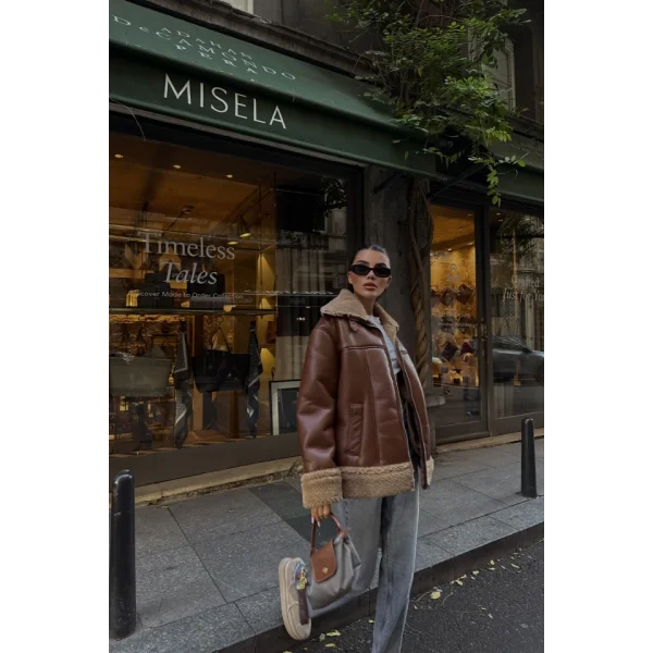 YAKA VE KO ANŞET KÜRK DETAYI DERİ ONT  Taba