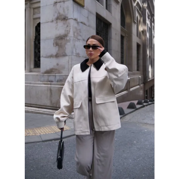 Yaka Ve Kol Kadife Gabardin Ceket  Beyaz