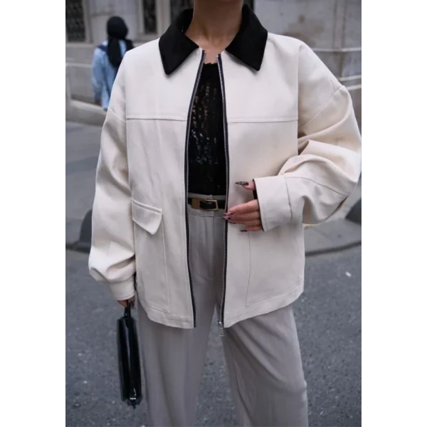 Yaka Ve Kol Kadife Gabardin Ceket  Beyaz