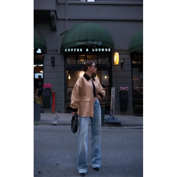 Yaka Ve Kol Kadife Gabardin Ceket  Kahve