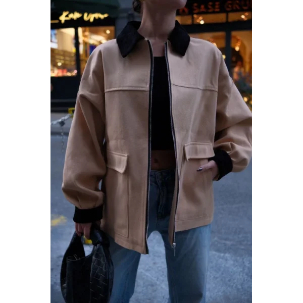 Yaka Ve Kol Kadife Gabardin Ceket  Kahve