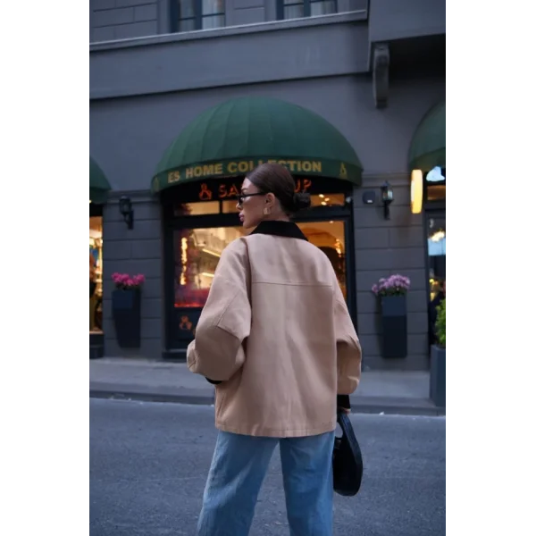 Yaka Ve Kol Kadife Gabardin Ceket  Kahve