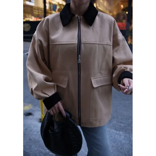 Yaka Ve Kol Kadife Gabardin Ceket  Kahve