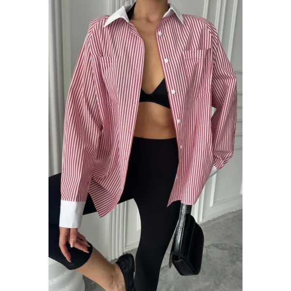 YAKA VE MANŞET BEYAZ  BOYFRİEND ÇİZGİLİ  POPLİN GÖMLEK - Bordo